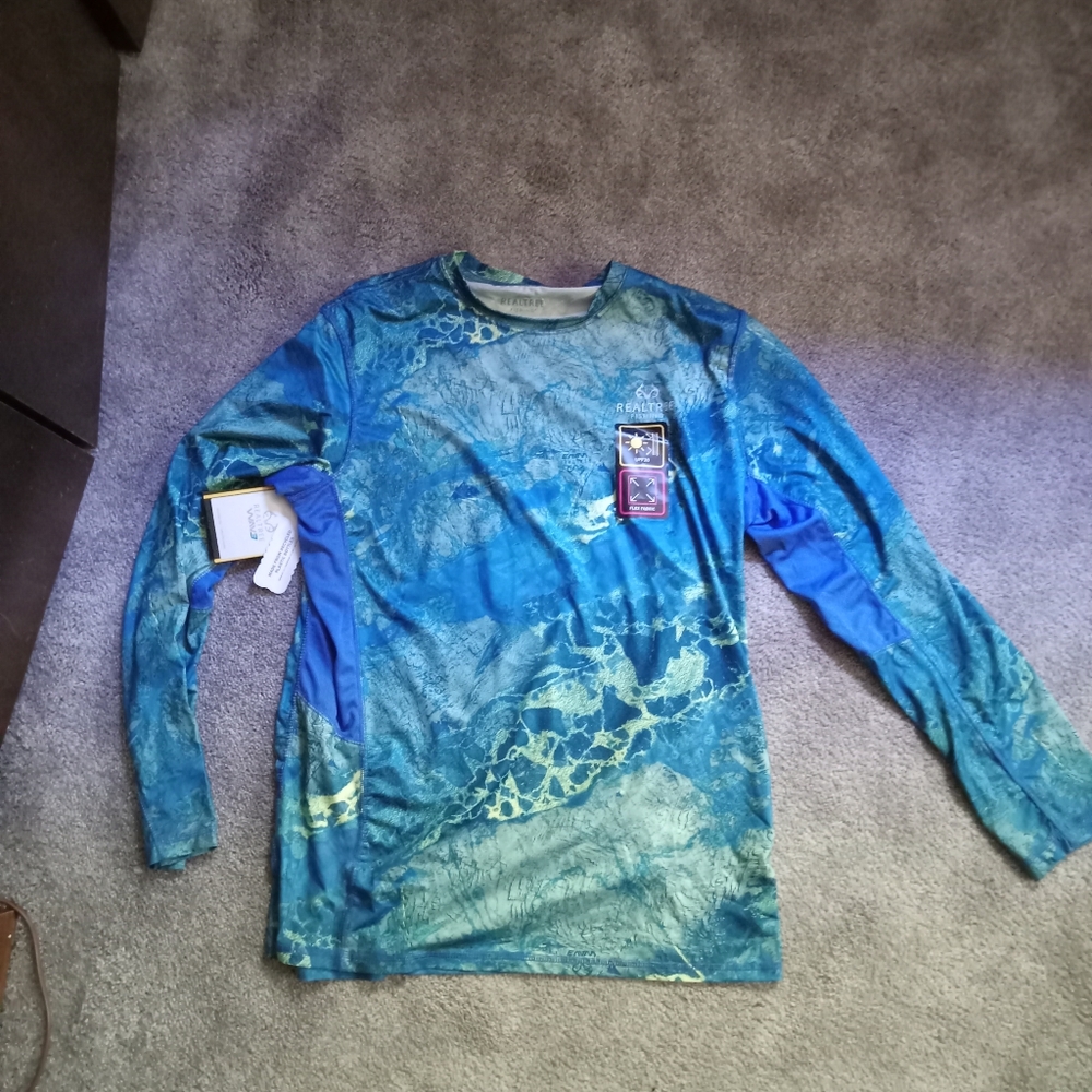 Men's blue, green, yellow long sleeve fishing shirt